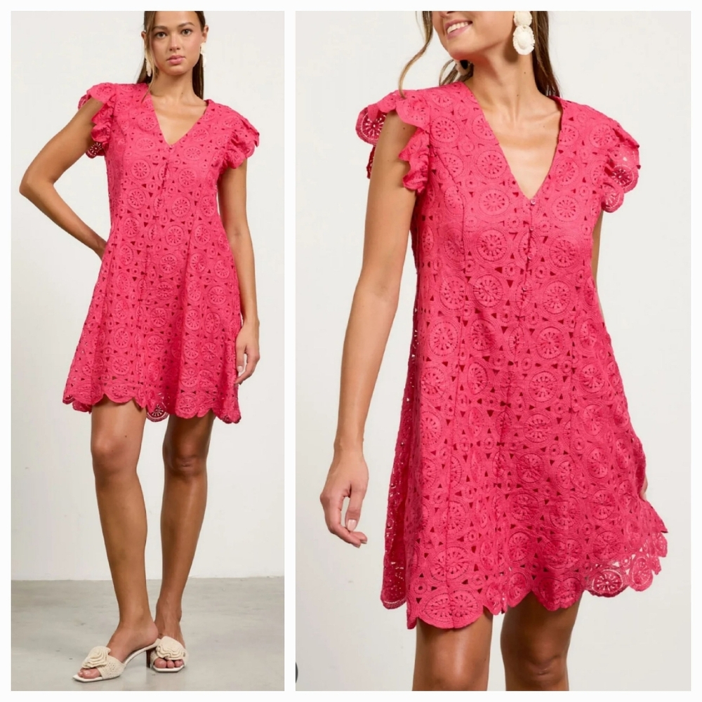 NWT Skies Are Blue- Pink Crotchet V-Neck Cap Sleeve Mini Dress 2X 3X